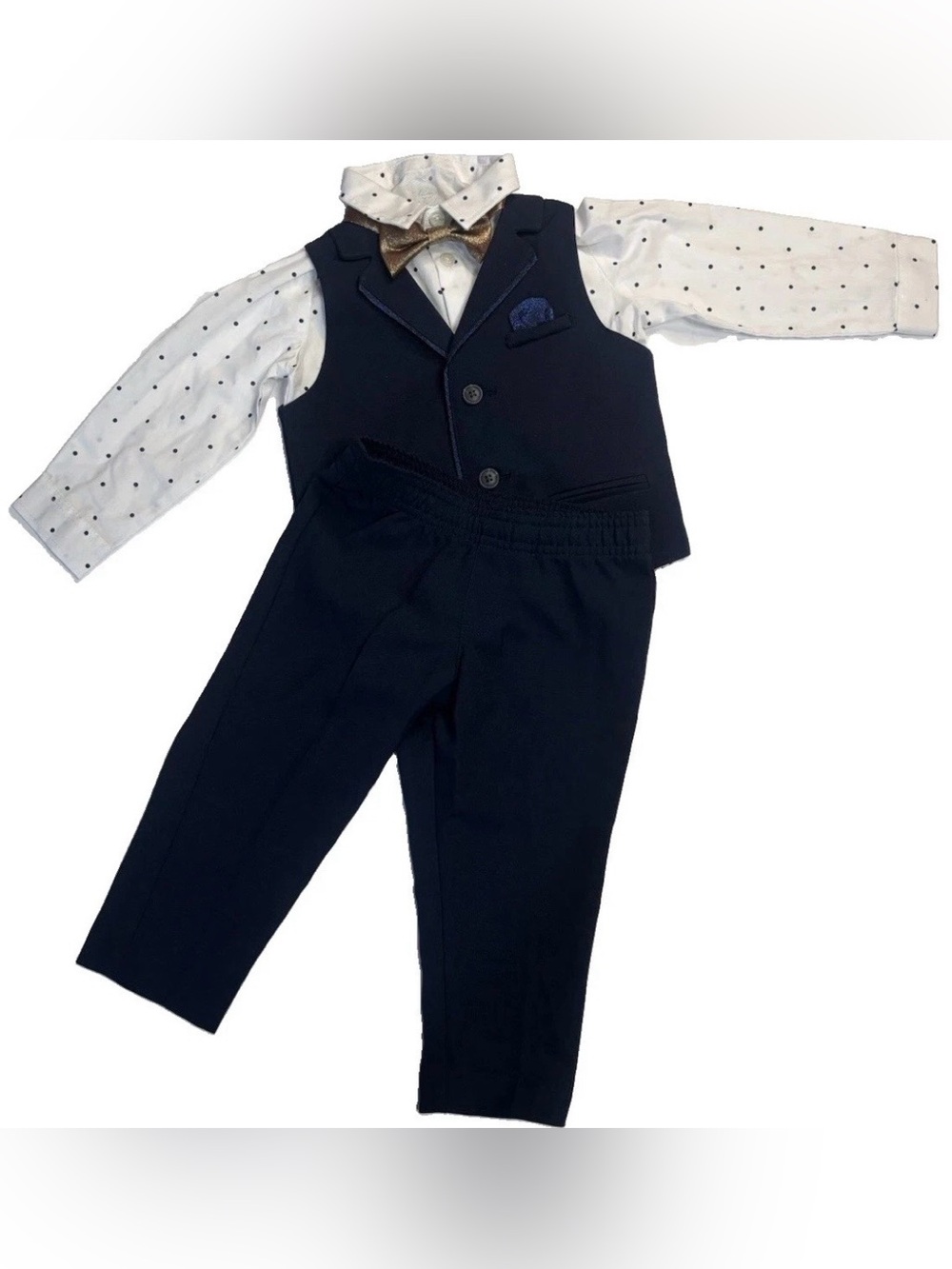 Wonder Nation Boys 18M 3PC Formal Suit Set Navy Vest Pants Polka Dot Shirt